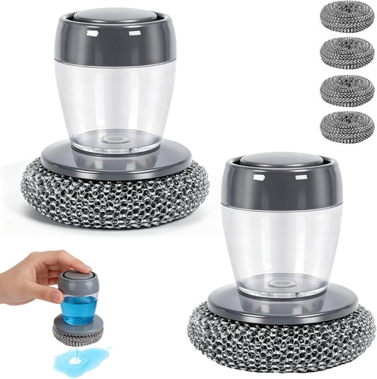 2026 New Soap Dispensing Dish Brush,Comfort Grip Soap Dispensing Kitchen Scrub,Built-In Liquid Dispenser, with Replaceable Nylon/Wire Bristles for One-Hand Use (4 Steel Wire Brush + 2 Accessories)