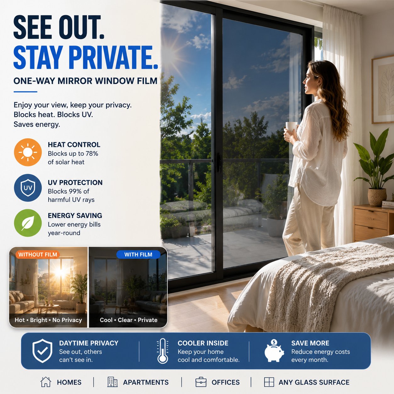 ⏰LIMITED TIME 50% OFF! 🏠 One-Way Mirror Window Film – Heat Control & UV Protection