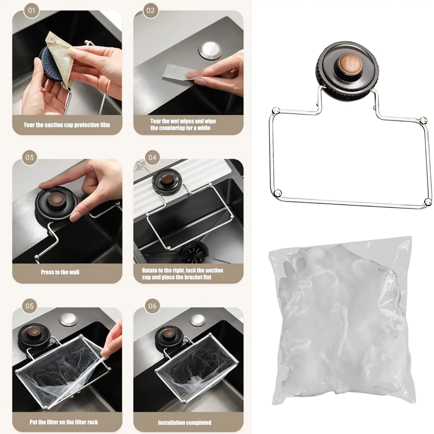 AIR U Suction Sink Strainer Holder with 50Pcs Food Catcher Filters No More Clogged Drains for RV Apartment Bathroom Kitchen Commercial Rotary Installation
