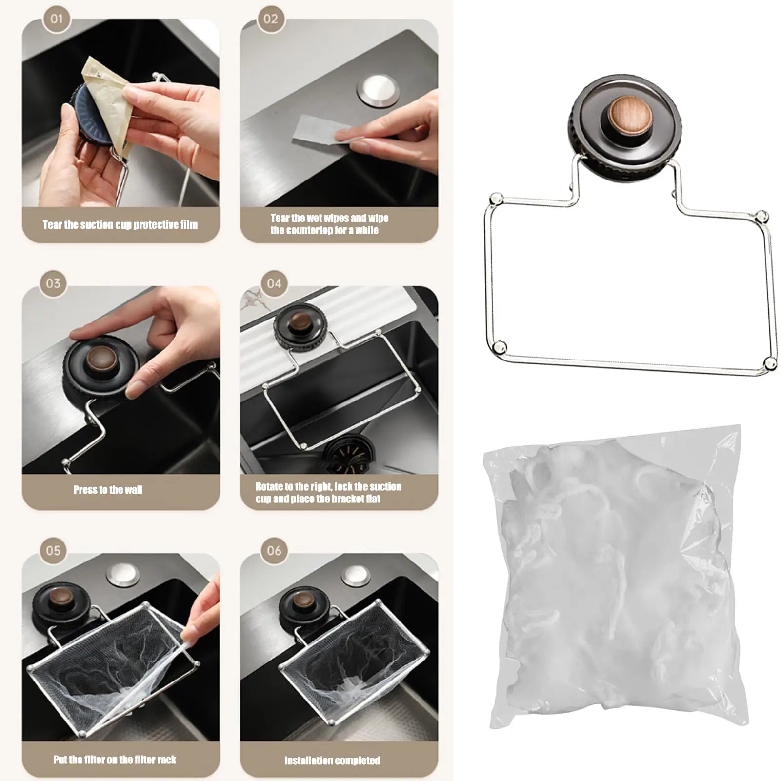AIR U Suction Sink Strainer Holder with 50Pcs Food Catcher Filters No More Clogged Drains for RV Apartment Bathroom Kitchen Commercial Rotary Installation